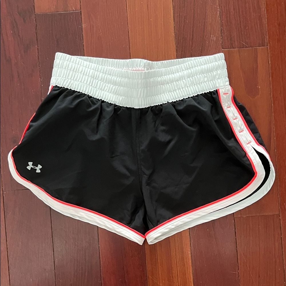 Under Armour Women's Black and White Shorts with Red Trim